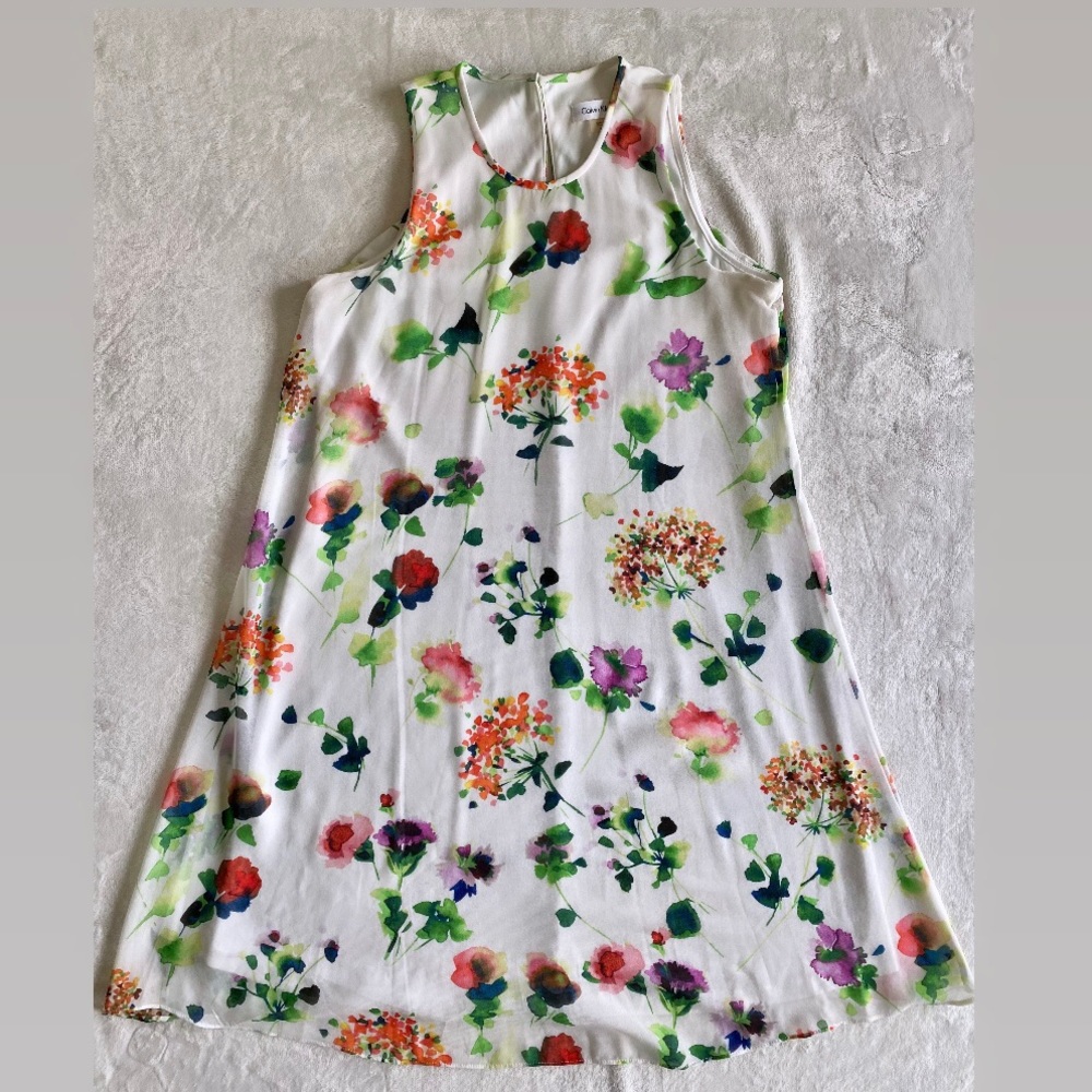 Calvin Klein Floral Dress - White with Multi Color Flowers